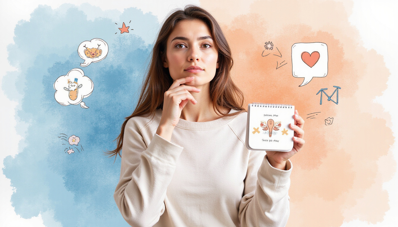  Thoughtful young woman holding calendar, fading ovary icons, health symbols, hopeful lighting, watercolor style