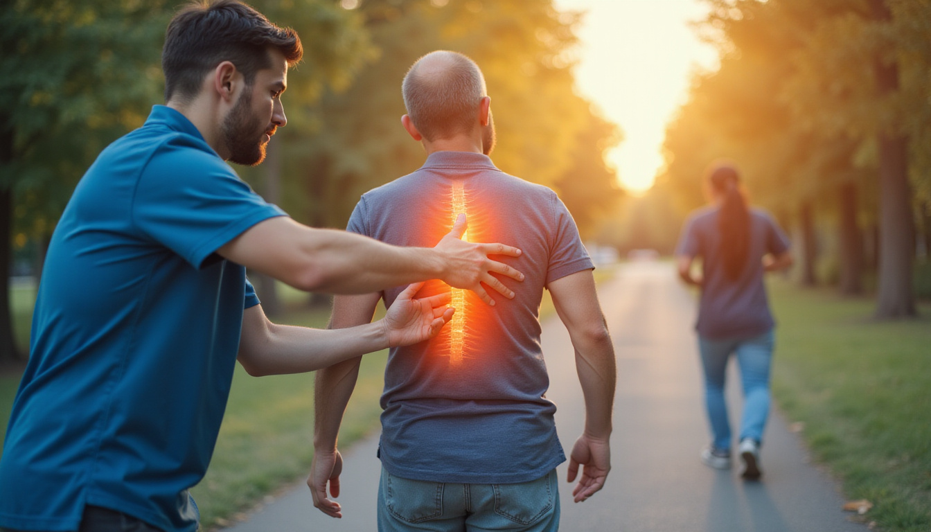 Dynamic scene: therapist performing manual therapy with glowing pain-relief illustration, patient walking confidently outdoors