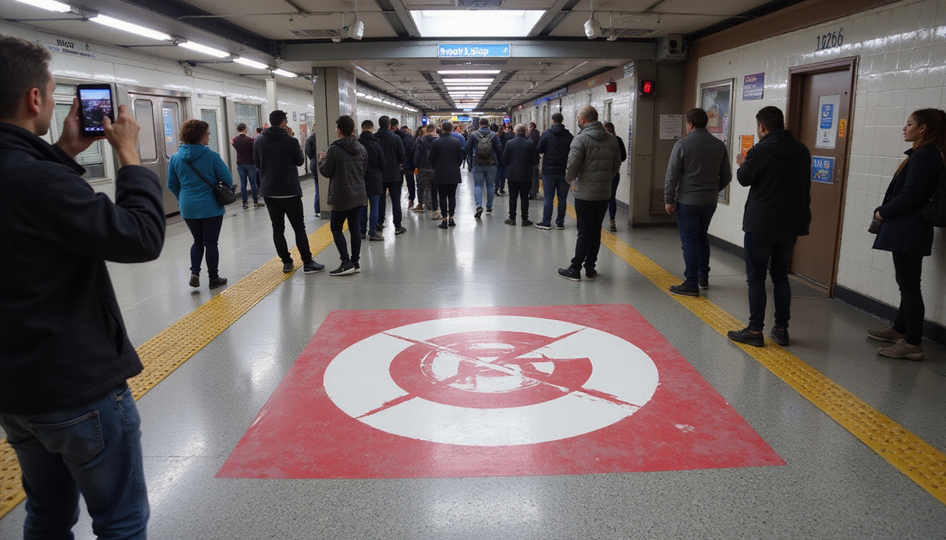 Guerrilla marketing flash mob, bold stencils, intrigued commuters filming with smartphones, dynamic motion