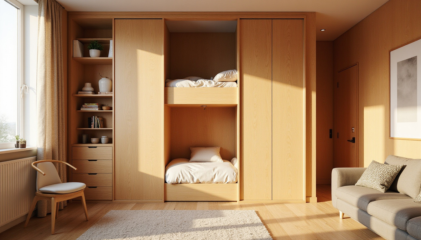  Scandinavian minimalist studio interior featuring lofted bed, built-in shelving, sliding partitions, warm wood finishes