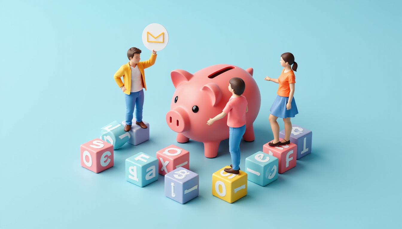 Isometric team building modular blocks labeled SEO, ads, email around intact piggy bank, clean modern