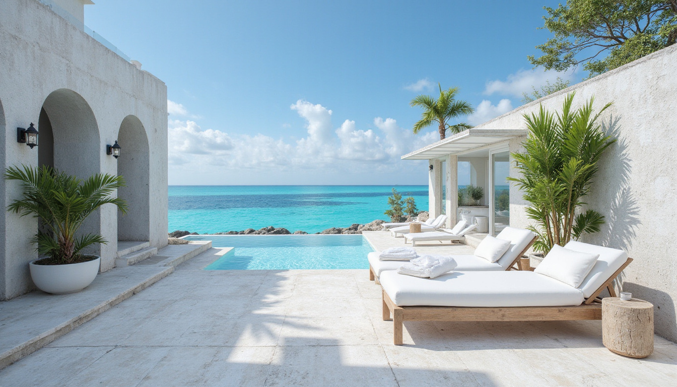  White stone terrace, arched windows, lanterns, private cabana, coral reef visible, luxury beach retreat