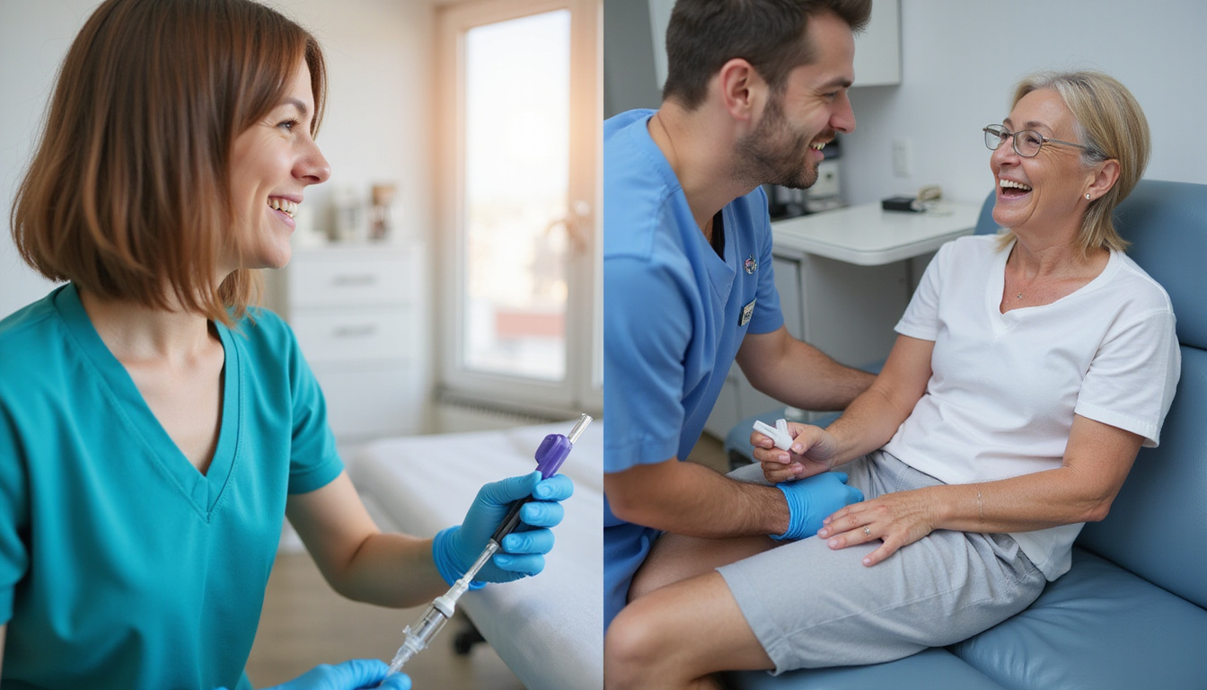  Orthopedic clinician injecting knee, split-screen before/after mobility improvement, patient smiling, clinical setting