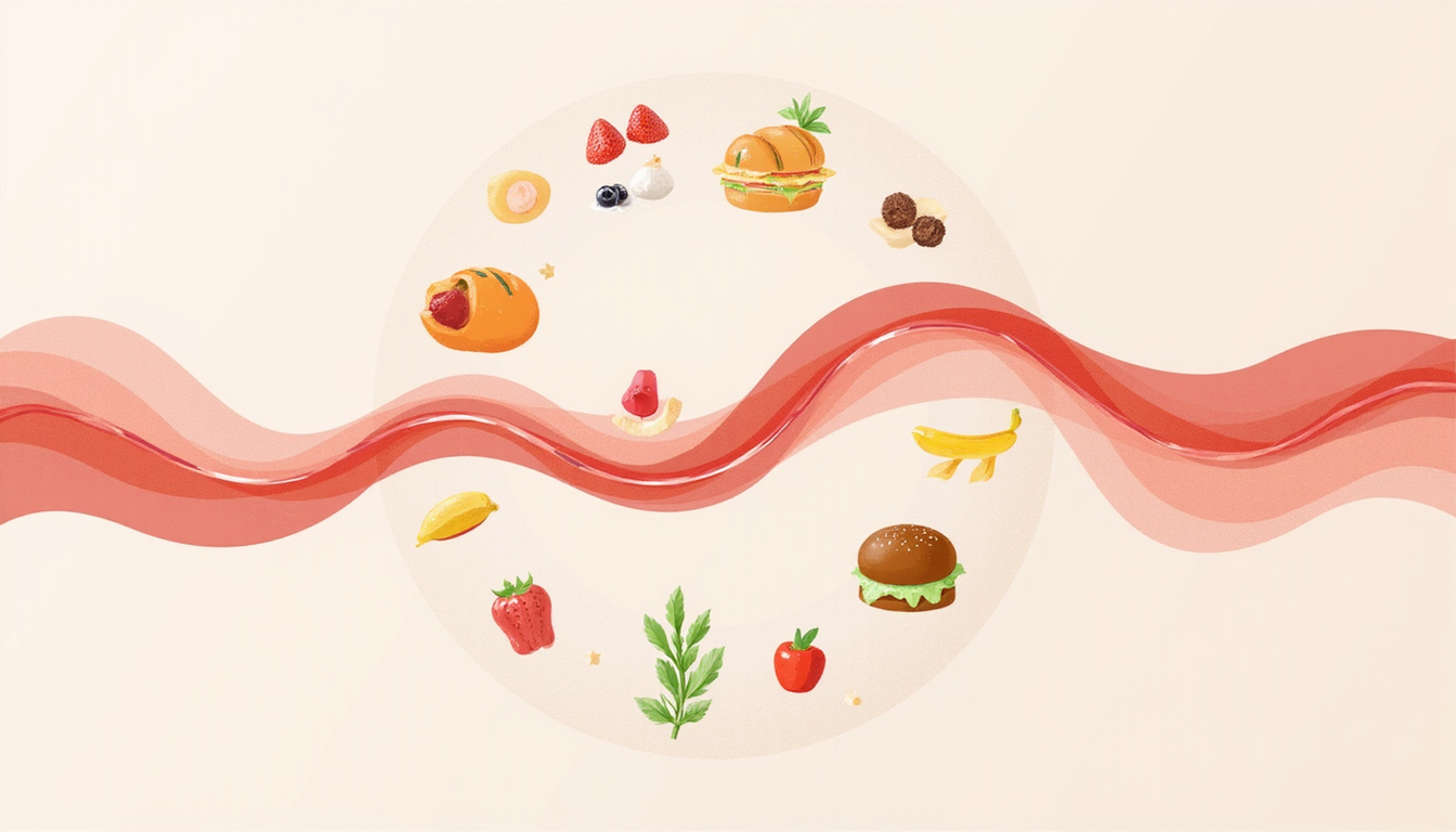  Minimal infographic: food icons encircling a smooth blood-sugar waveform, pastel palette, clean modern style