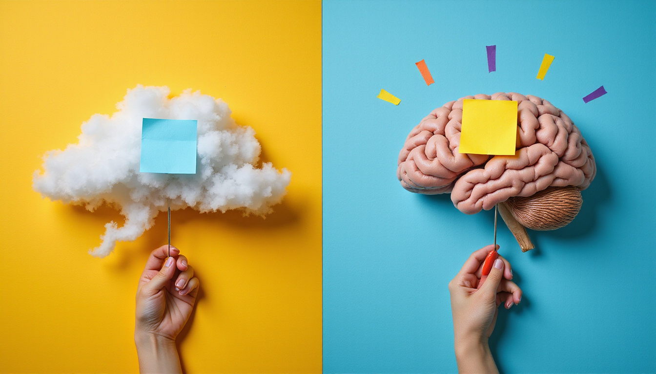  Split-screen before and after CBT: anxious storm cloud vs calm brain rewired with sticky-note affirmations