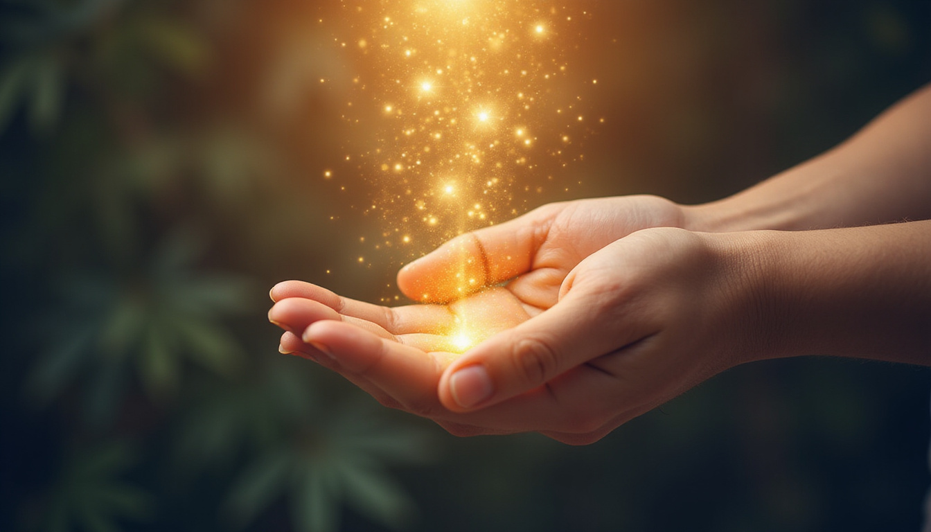  Hands hovering over a healed palm, golden energy threads connecting, peaceful healing aura, minimalist background