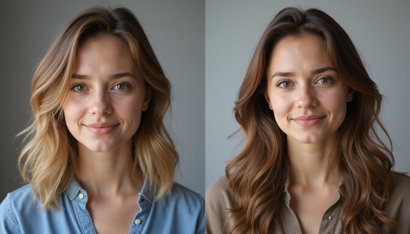  Before-and-after portrait split, stressed individual to confident with fuller hair, warm clinical lighting