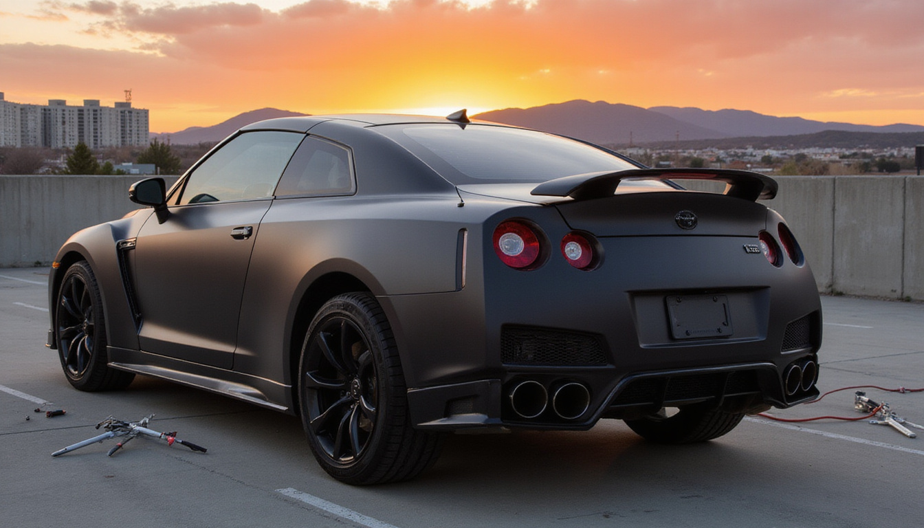  Matte black partial car wrap being installed at sunset, tools scattered, urban backdrop