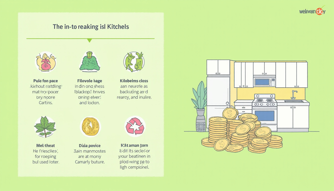  Minimalist infographic showing money coins, empty kitchen space, recycling symbol, vibrant green palette