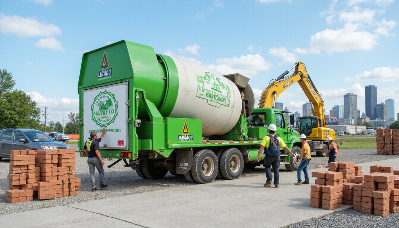  Workers operating mobile concrete recycler, salvaged bricks stacked, cost-saving signage, green skyline