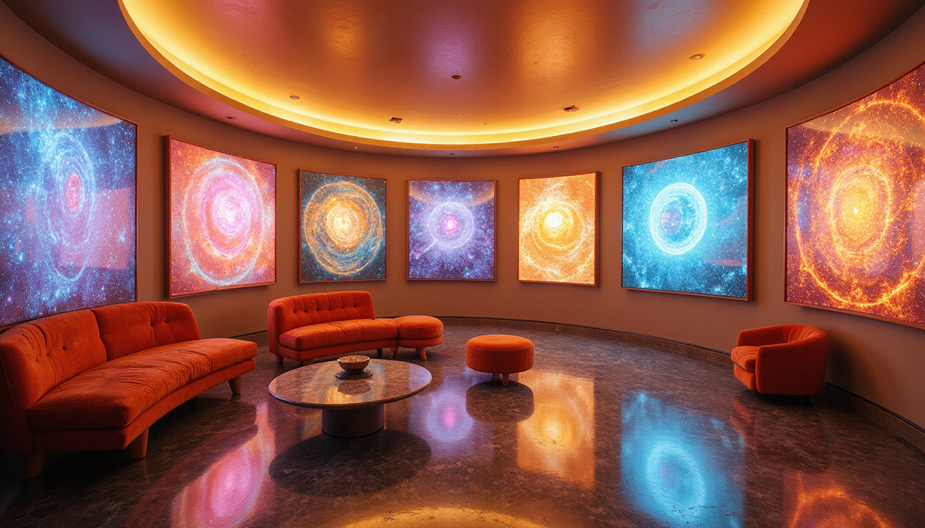otherworldly salon with suspended holographic paintings, mirrored floors, warm golden rim lighting