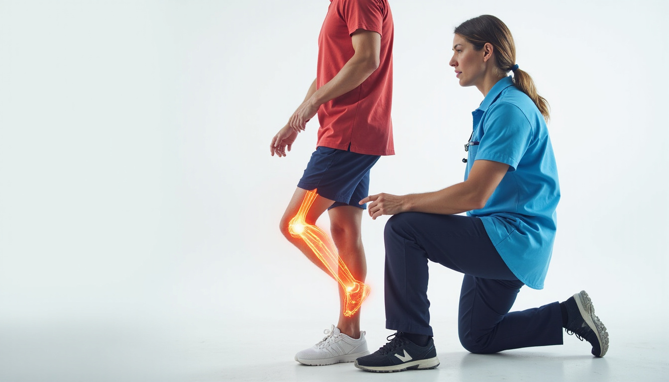  Physiotherapist guiding player through single-leg balance exercise, anatomical knee overlay, clean clinical style