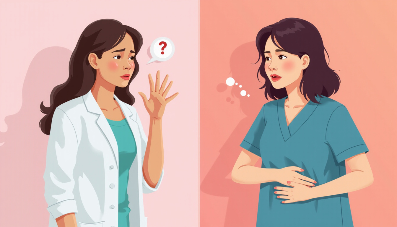  Split-screen medical illustration: relieved person on left, anxious person clutching stomach right, contrasting tones