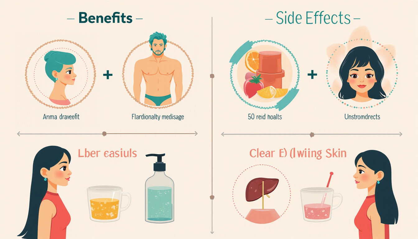  Stylized medical infographic, benefits versus side effects icons, hormonal balance diagram, liver tests, clear glowing skin