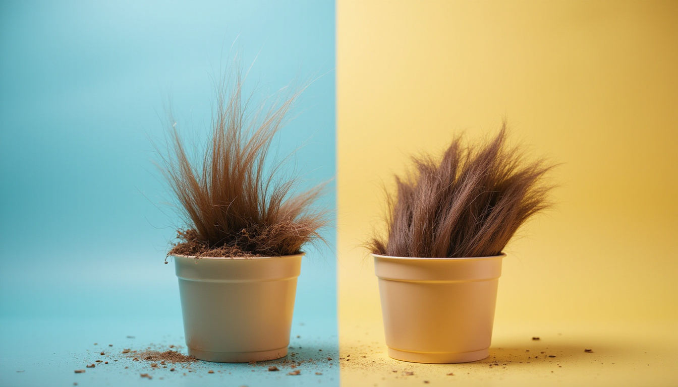  Conceptual split-scene: shedding hair strands falling vs healthy hair regrowth, soft natural lighting