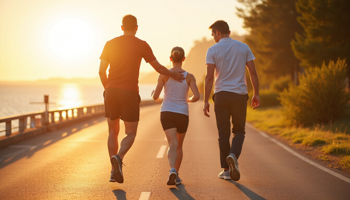  Dynamic outdoor rehabilitation session along waterfront, confident physiotherapist guiding runner regaining mobility, golden light