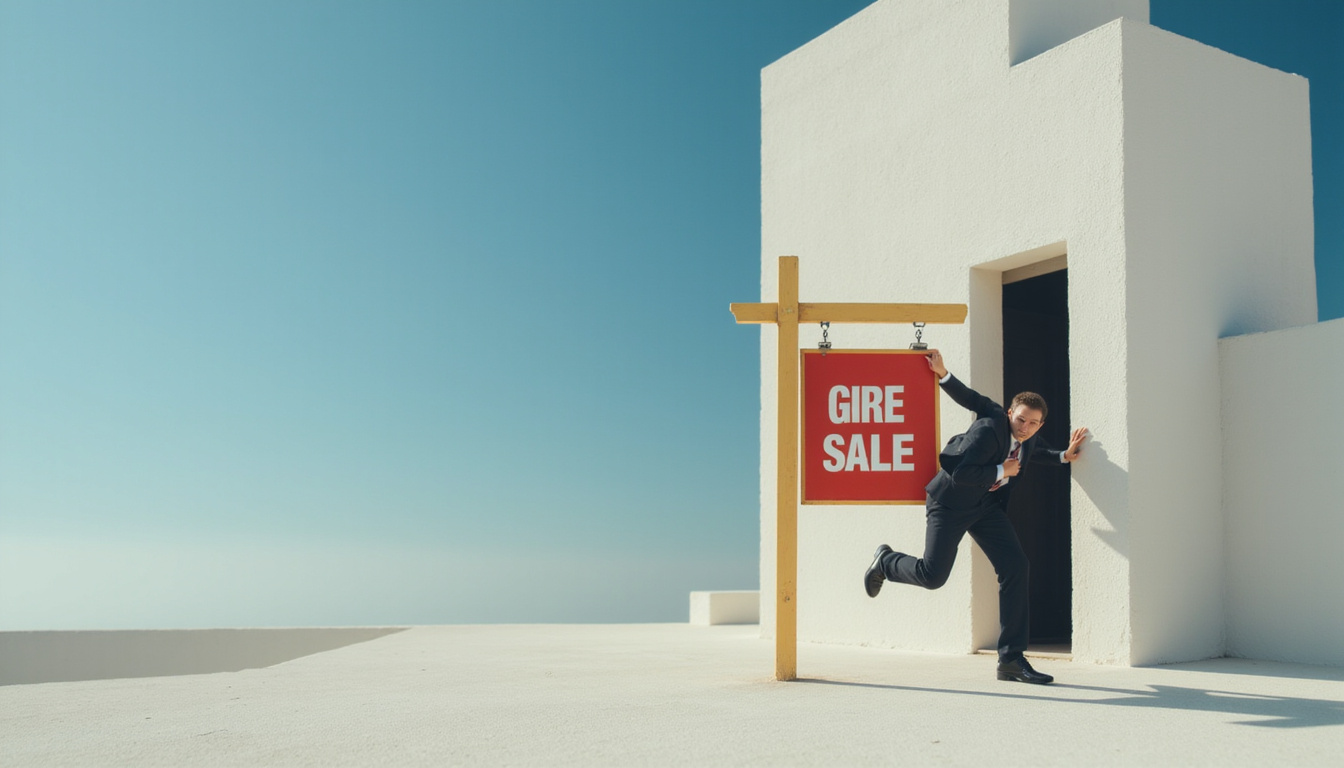  Runner in business attire grabs golden key emerging from rooftop condo sale sign, motion blur