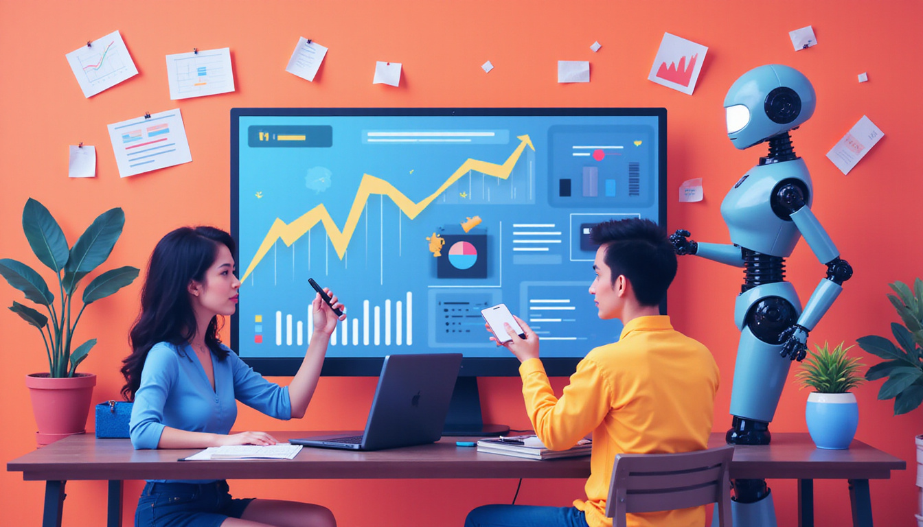  Vibrant creative workspace with marketer and robotic assistant crafting viral content, exploding upward metrics