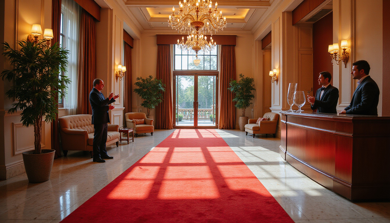  Elegant lobby with red carpet guests, concierge presenting crystal award, opulent chandeliers, celebratory champagne