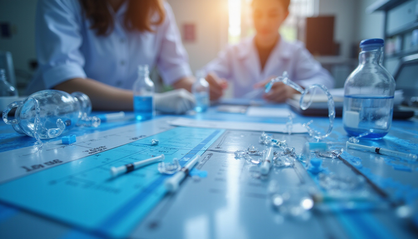  Clinical laboratory scene, syringes, hyaluronic acid molecules, healthcare professional reviewing treatment outcomes graph
