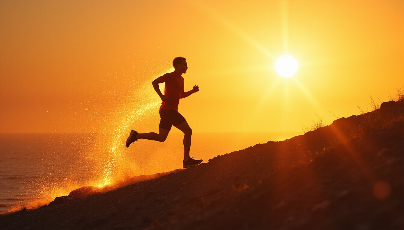  Fit person sprinting uphill at sunrise, stubborn belly fat turning into golden sparks, empowered