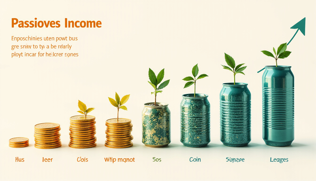  Creative infographic collage: cans transforming into coins, recycling symbols, passive income growth chart