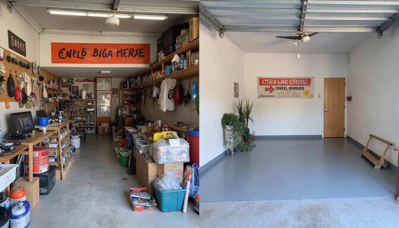  before-and-after cluttered garage to empty organized space, cost-saving signage, cheerful homeowner