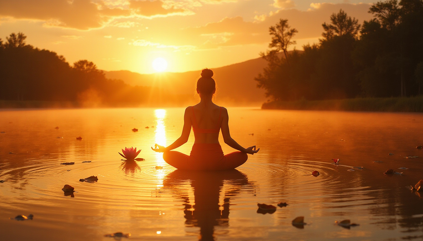  Golden sunrise over tranquil lake, lotus, flowing light, woman performing gentle yoga ritual