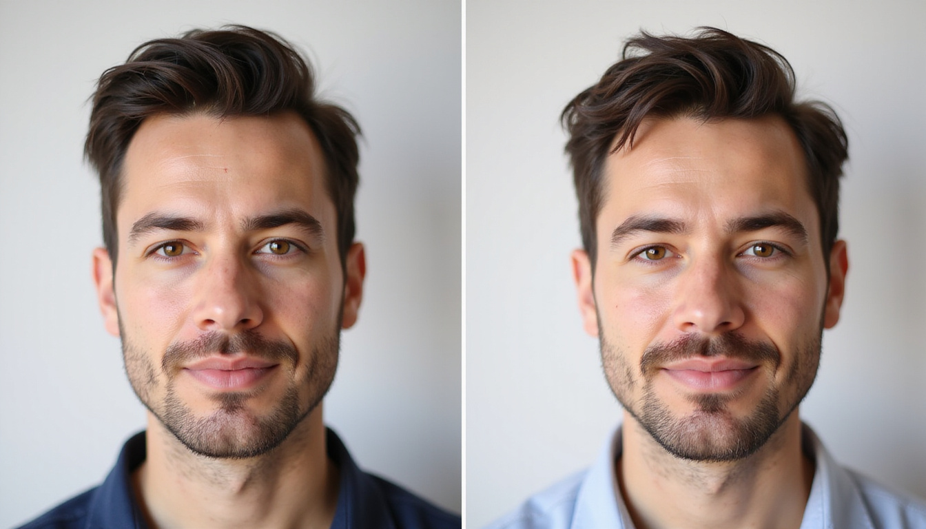  Before-and-after transformation montage of trans man using treatments: topical, PRP, hair transplant, hopeful expression