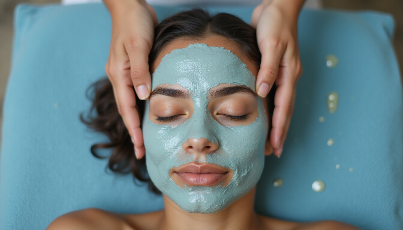  Hands massaging scalp with clay mask, golden oil droplets, high-detail macro, calming blue tones