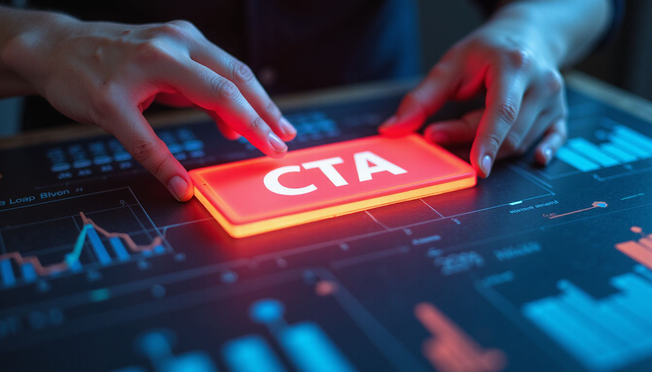  Closeup of hands adjusting kerning on bold CTA button, neon highlights, analytics graphs