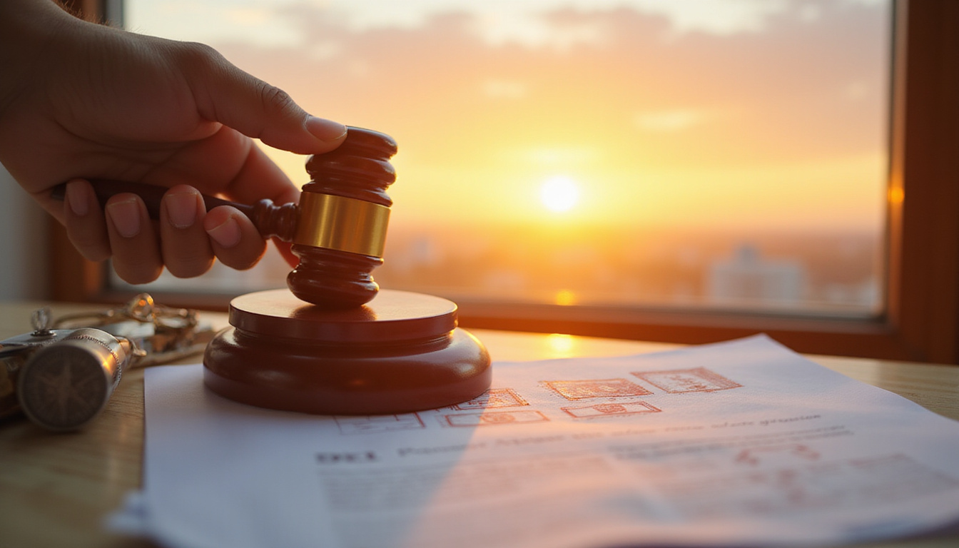  Hand holding legal seal over home title, dissolving red stamps, warm sunrise light