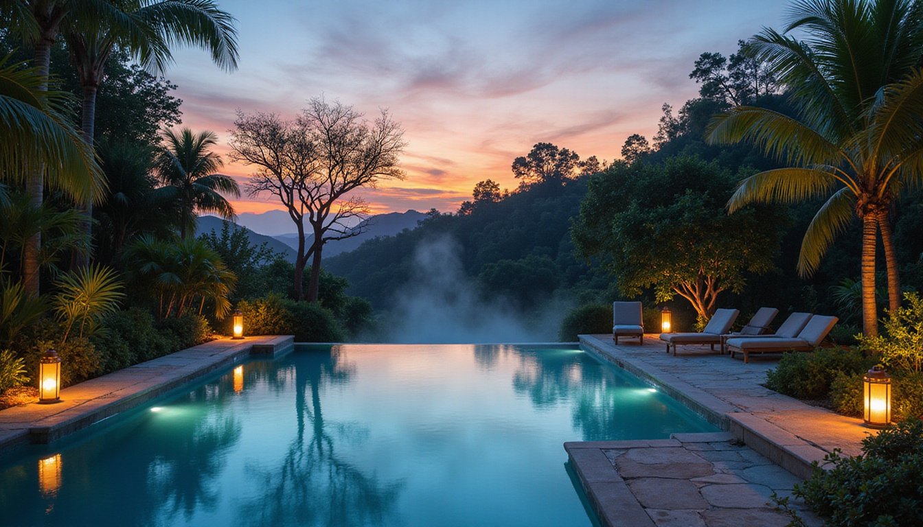  Zen outdoor infinity pool at dusk, lanterns, eucalyptus steam, stone pathways, lush tropical garden