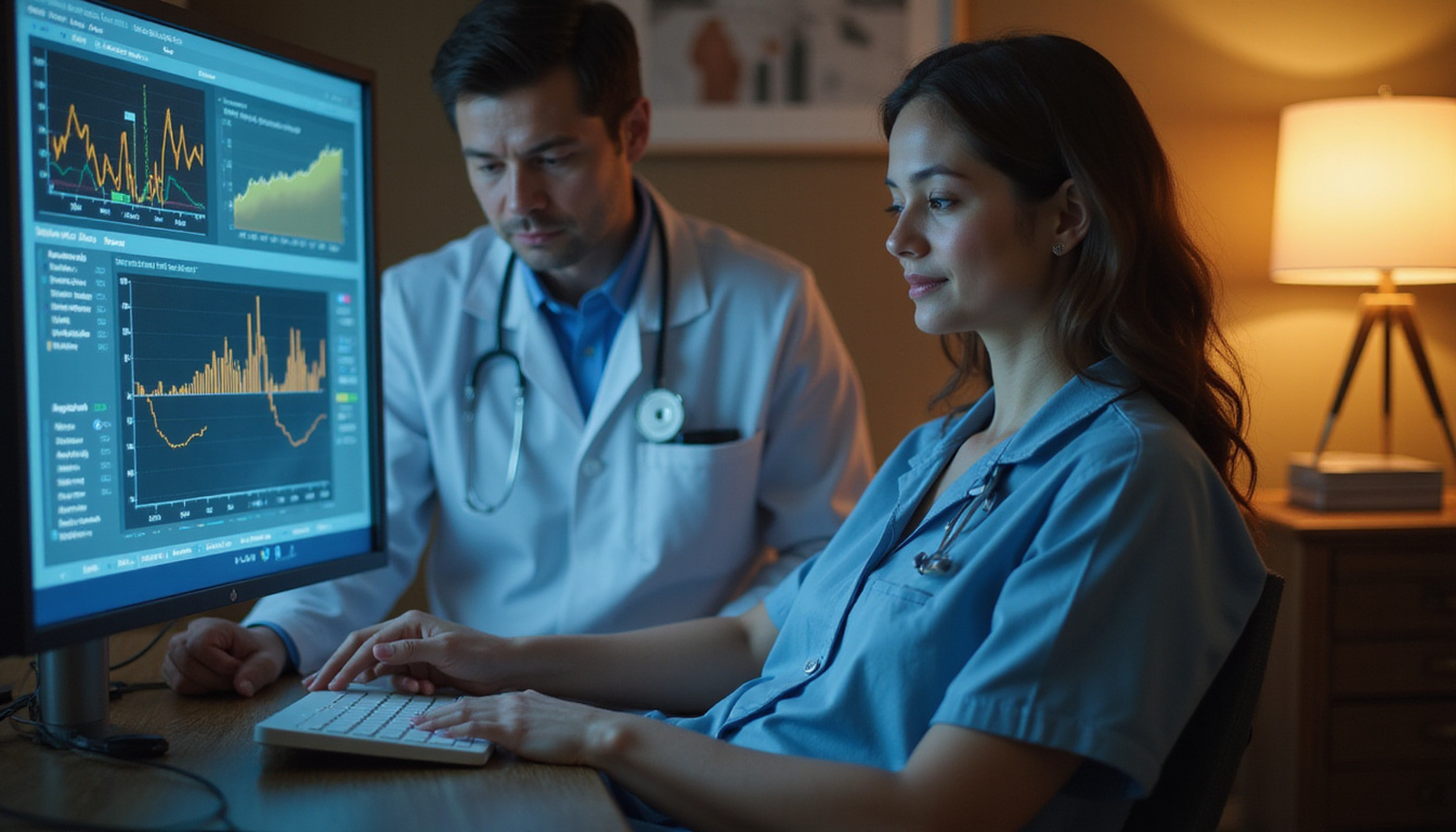  Warm clinical scene: clinician and patient studying stepwise algorithm dashboard, bright arrows, progress bars