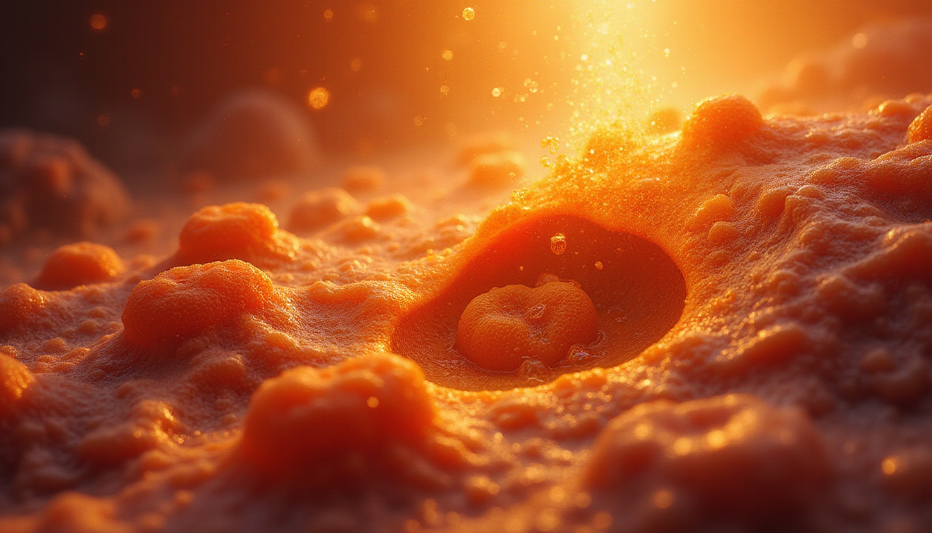  Microscopic fat cells melting into warm golden energy, high-detail scientific cross-section, dynamic glow