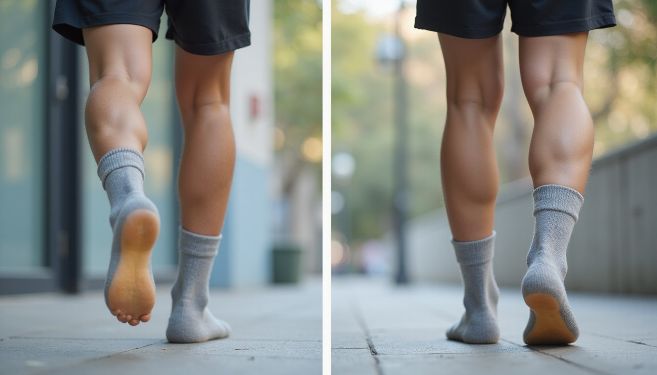  Split before-and-after: limping then strolling freely with sciatica socks, dynamic motion blur, clean medical infographic