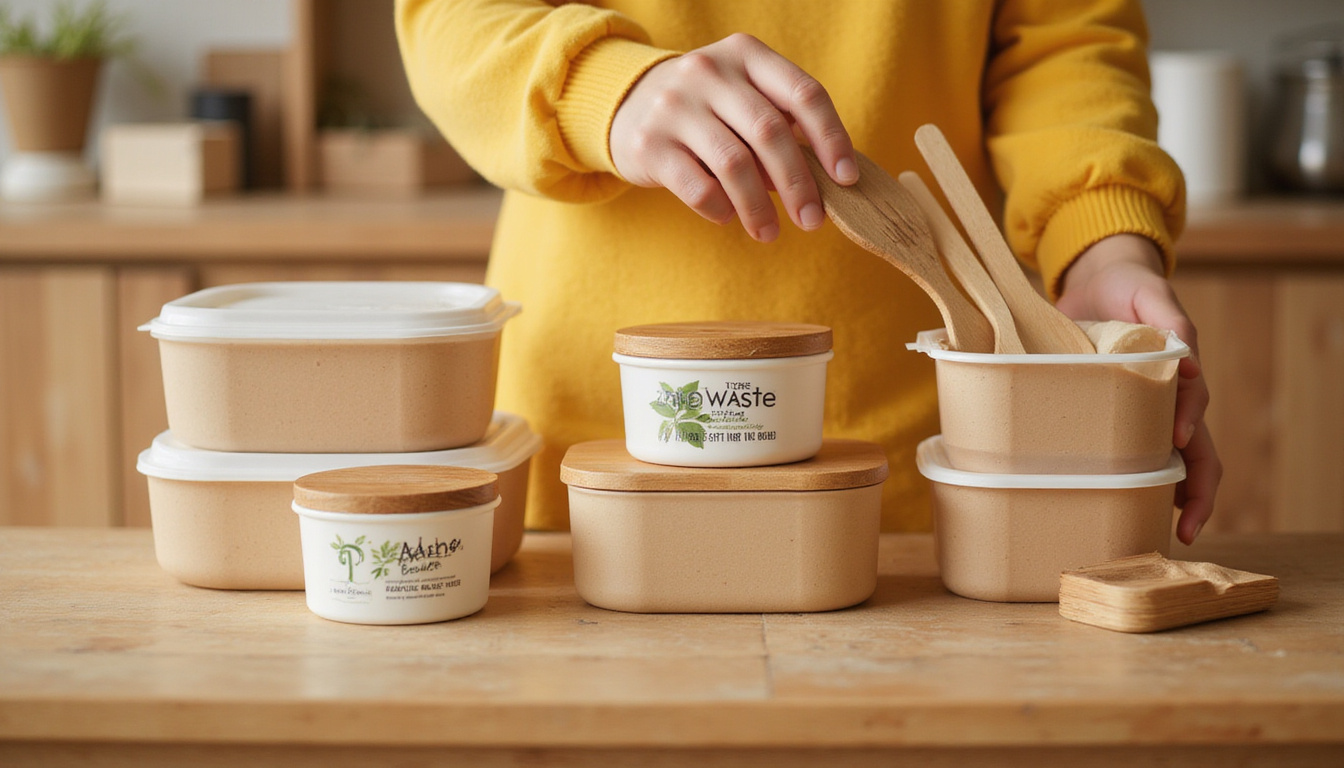  Hand arranging reusable containers and bamboo utensils on wooden counter, zero-waste labels, warm tones