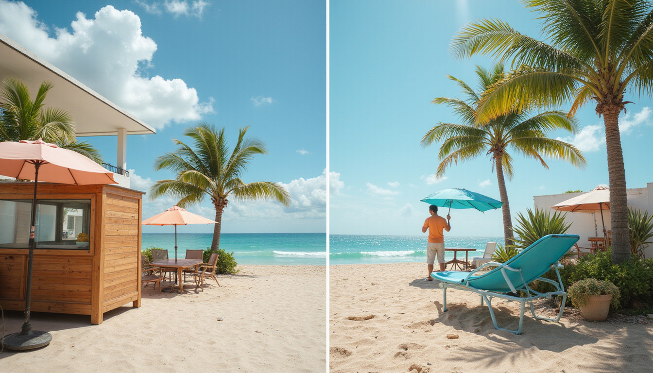 Before and after cleanup scene pros sorting furniture, fast moving, surf, palm trees, tidy path