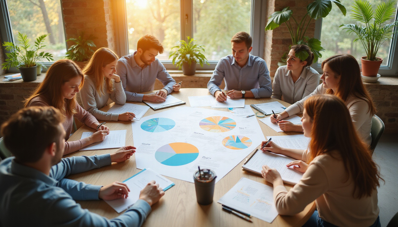 Colleagues in collaborative circle around blooming productivity chart, plants, soft golden light