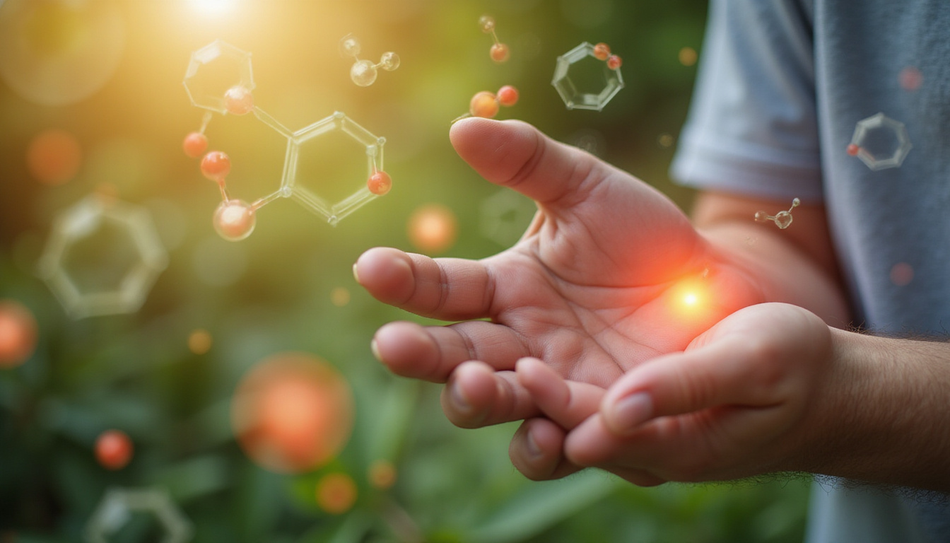  Close-up hands flexing pain-free, scientific overlay molecules of boron and calcium, fresh fruit background