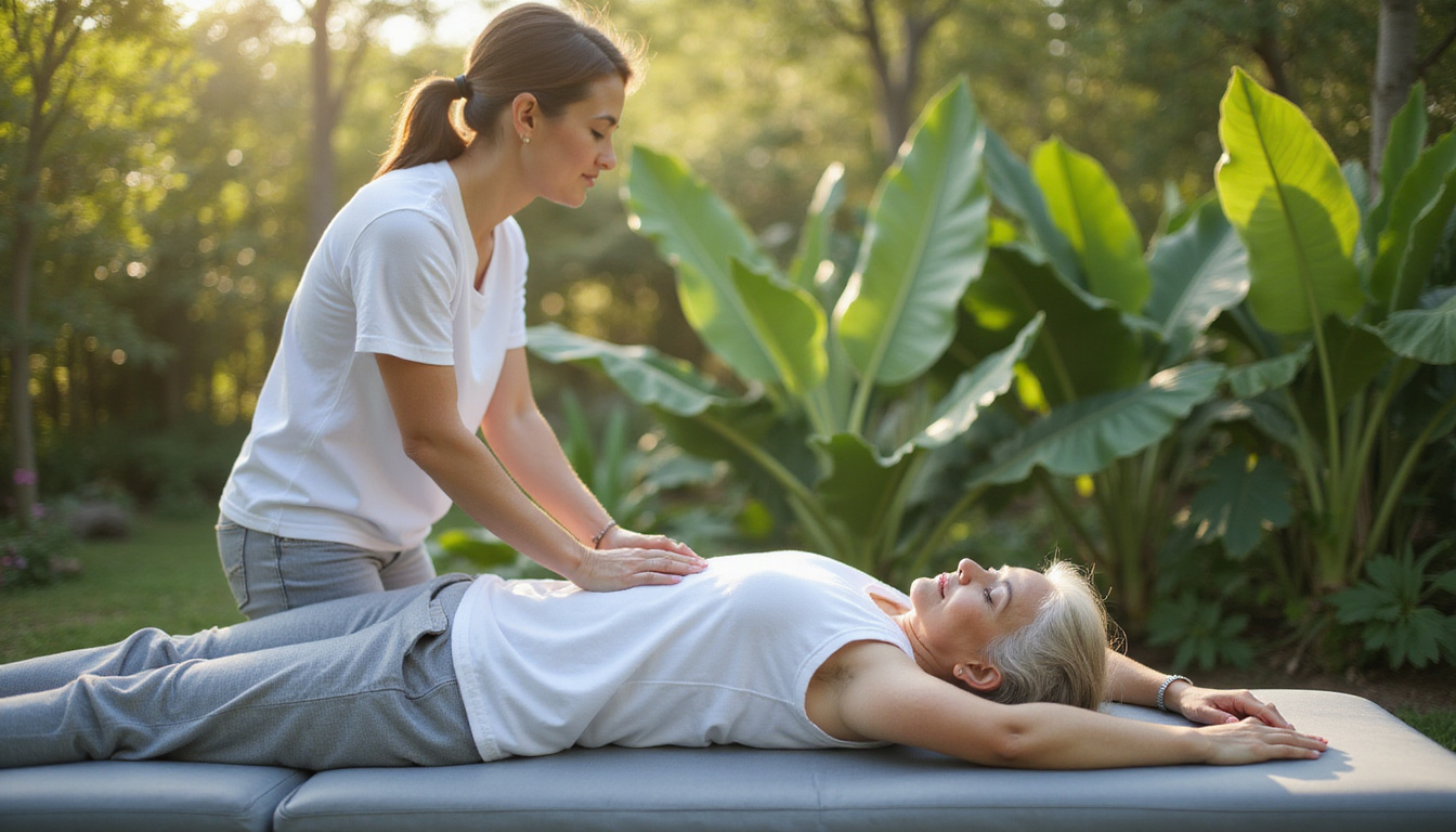 Peaceful elderly patient receiving spinal adjustment outdoors, lush botanic garden, relief expression, soft daylight