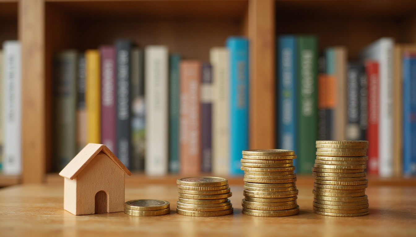  Minimalist bookshelf with house models, stacked coins, passive income ledger, warm wooden textures