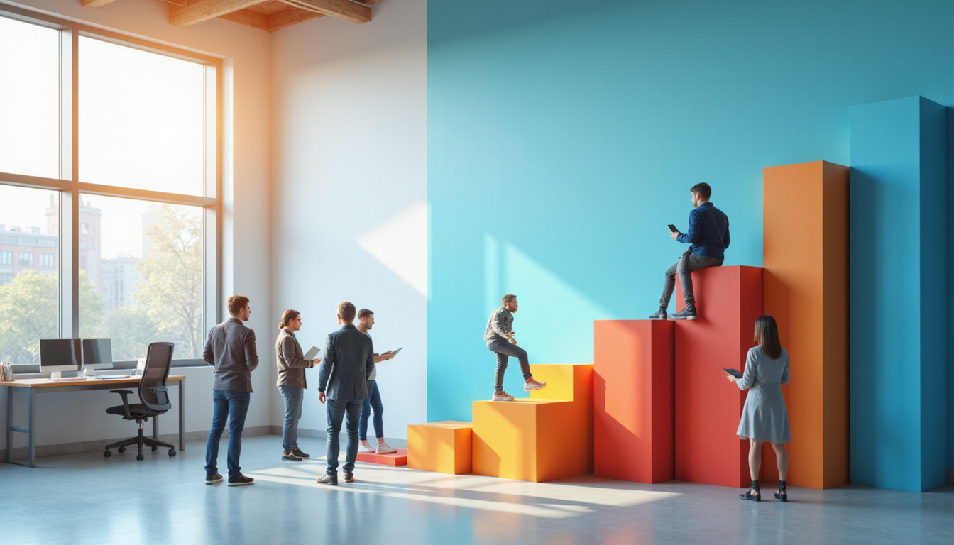 Photorealistic office scene showing leaders mentoring agile squads, rising performance graphs and modular building blocks