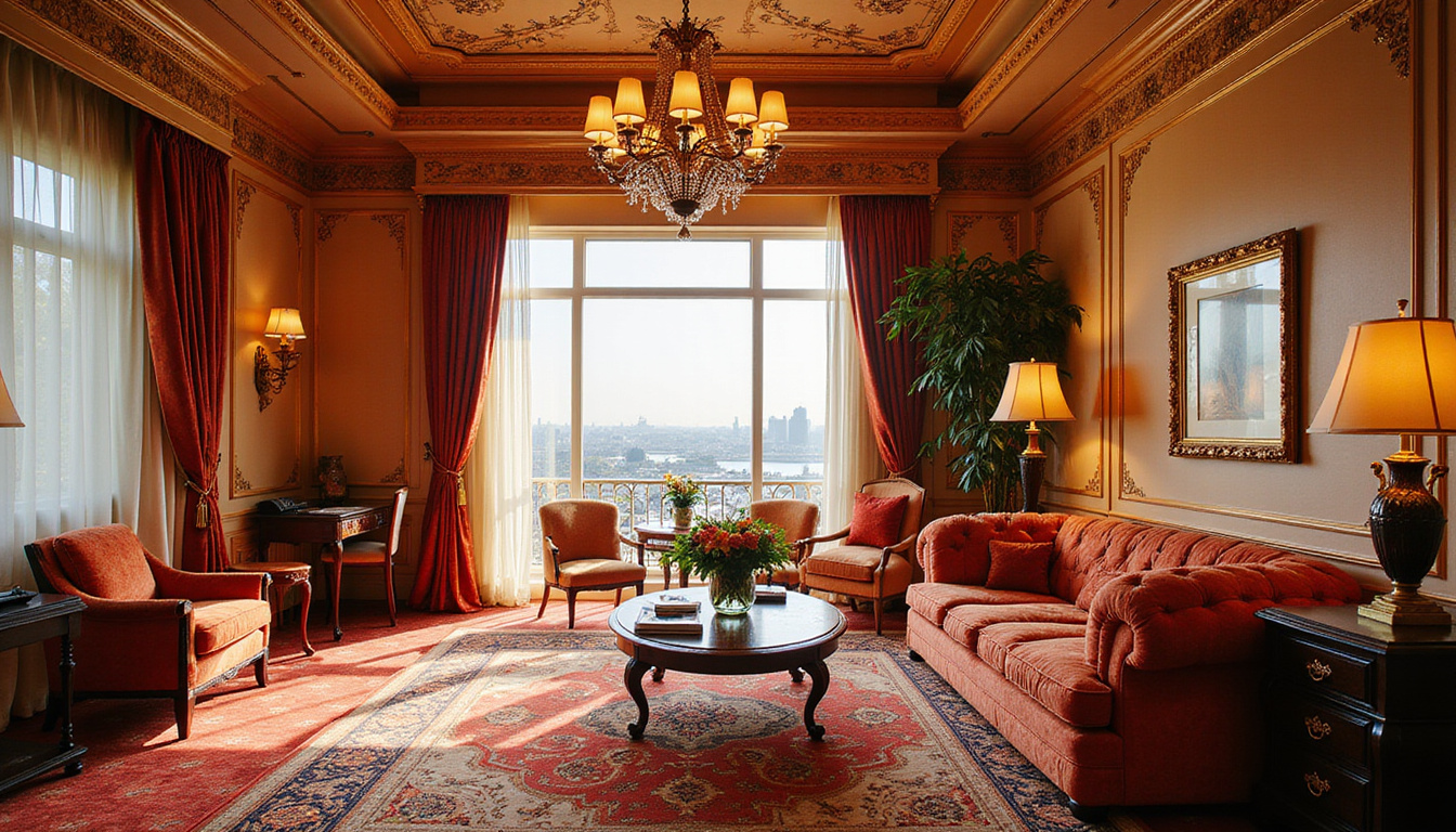  Opulent presidential suite interior, ornate Egyptian motifs, velvet furnishings, chandelier, panoramic Nile view