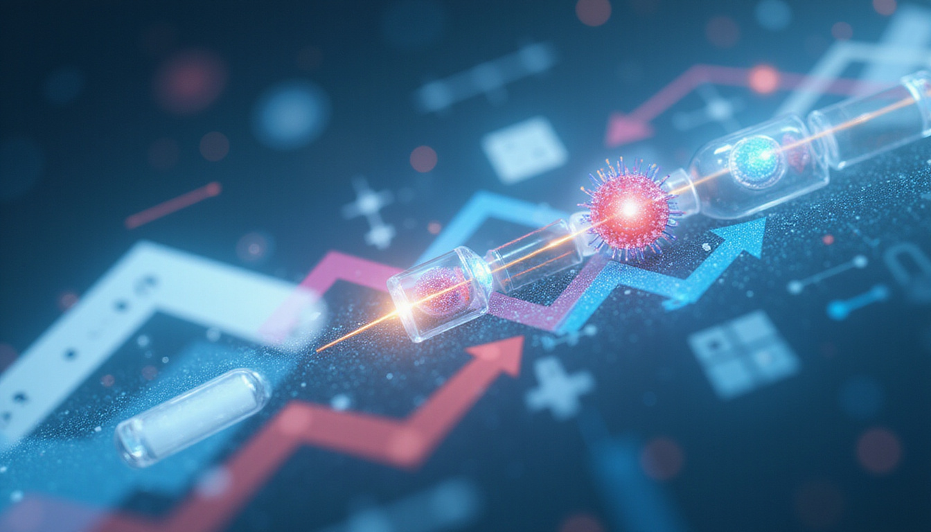  Futuristic lab and hospital blending, fast moving vials, documents and arrows symbolizing accelerated approvals and better outcomes