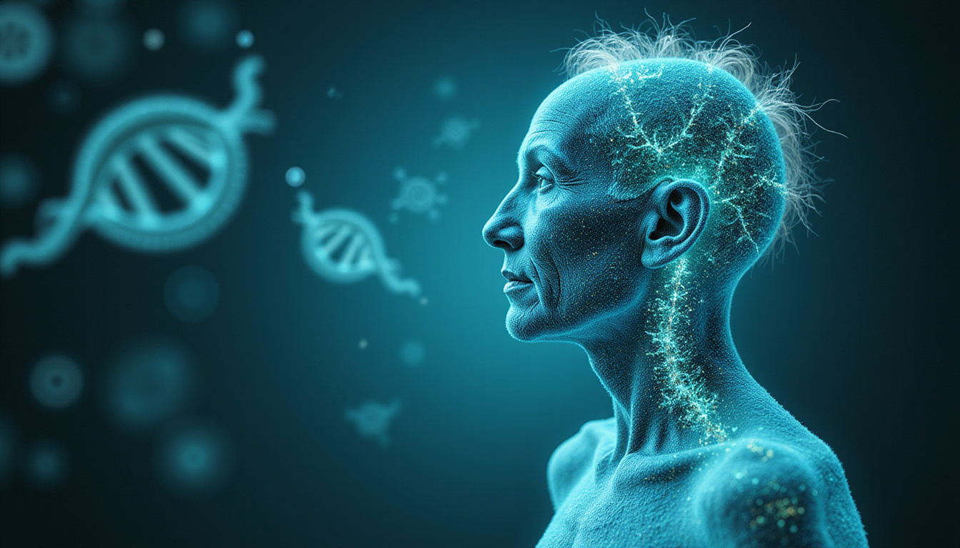  Elderly human silhouette infused with cellular energy, radiant DNA strands, clock motifs, vibrant blue-green glow