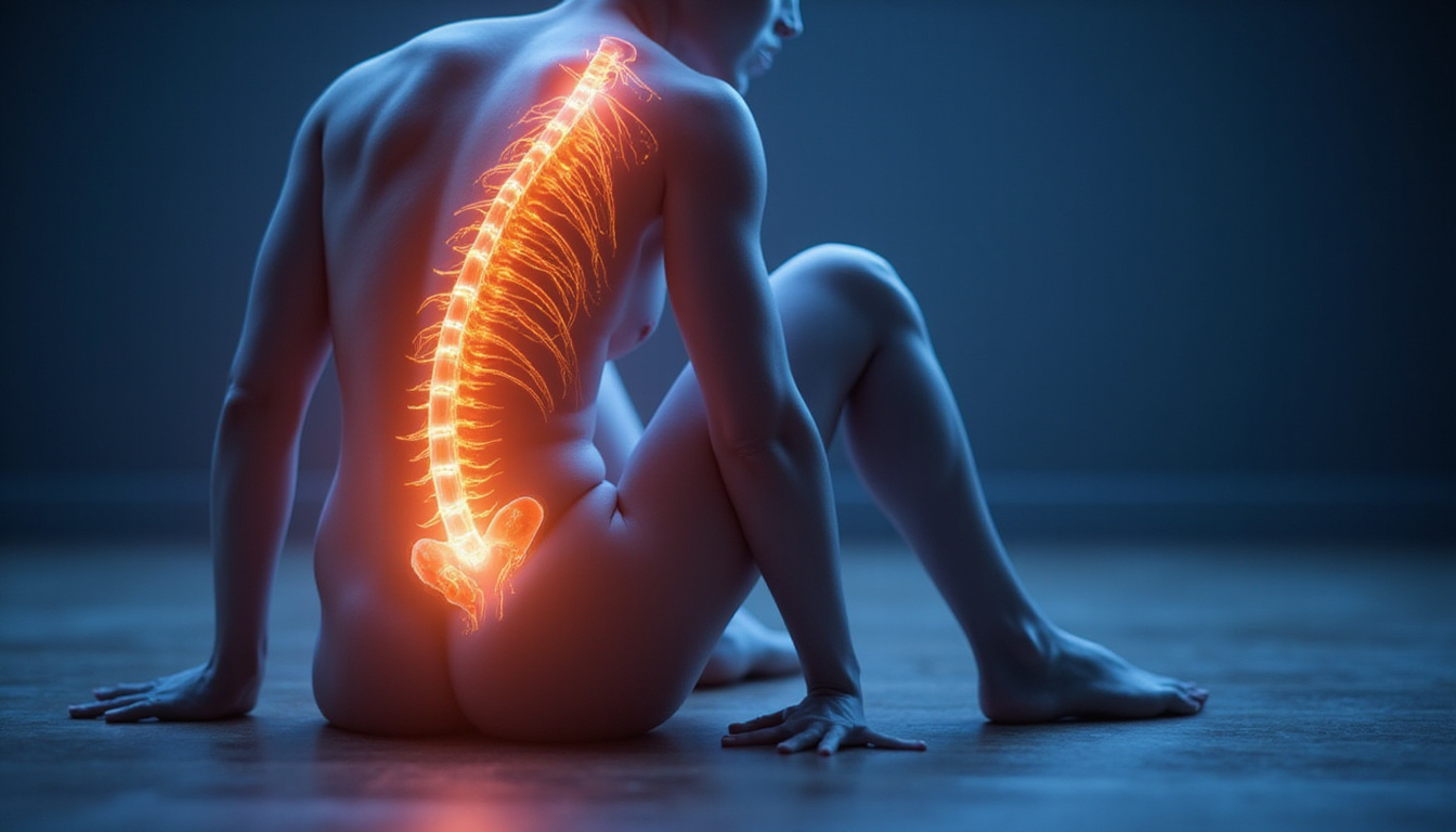  Close-up anatomical overlay of glowing sciatic nerve from lower back to leg during stretch
