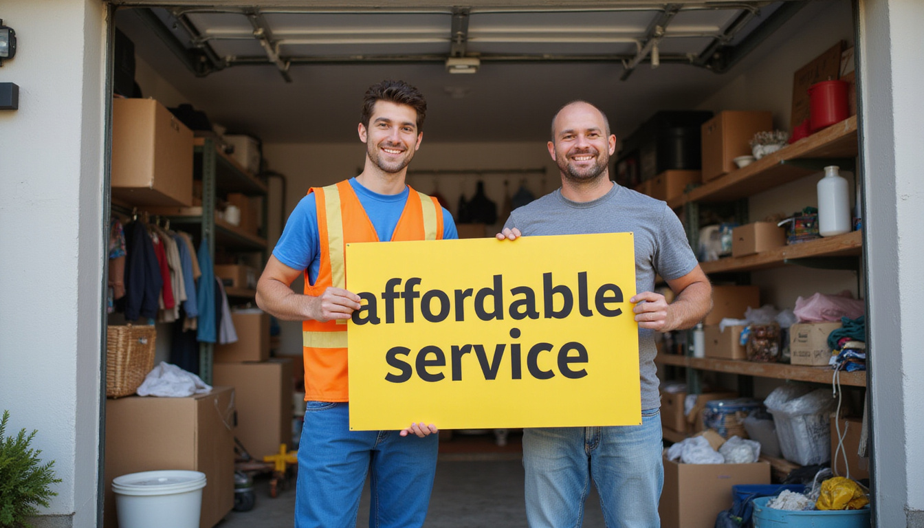  Affordable service sign, smiling workers hauling clutter, organized garage revealed, vibrant clean aesthetic