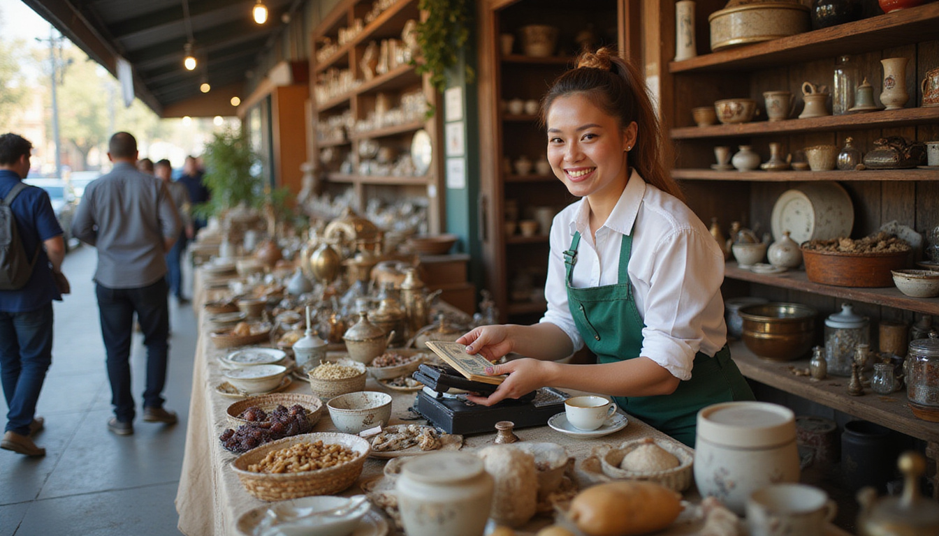 Smiling seller counting cash beside neatly arranged antiques, shoppers browsing, fast-paced energetic scene