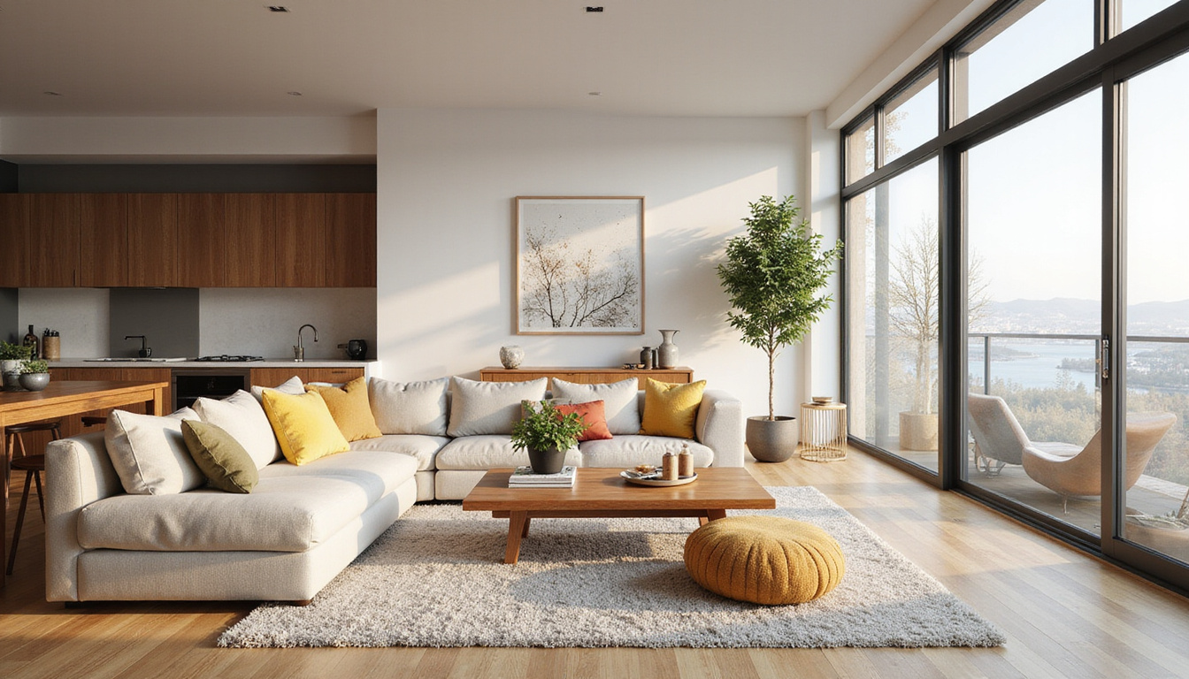  Clutter-free Scandinavian living room, neutral palette, hidden storage, warm textures, calming panoramic window